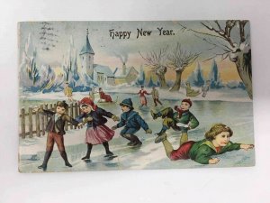 c. 1911 Happy New Year Postcard Children Ice Skating Playing Embossed