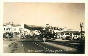 Postcard RPPC California Laguna Beach Coast Highway Gas Station autos 23-7384