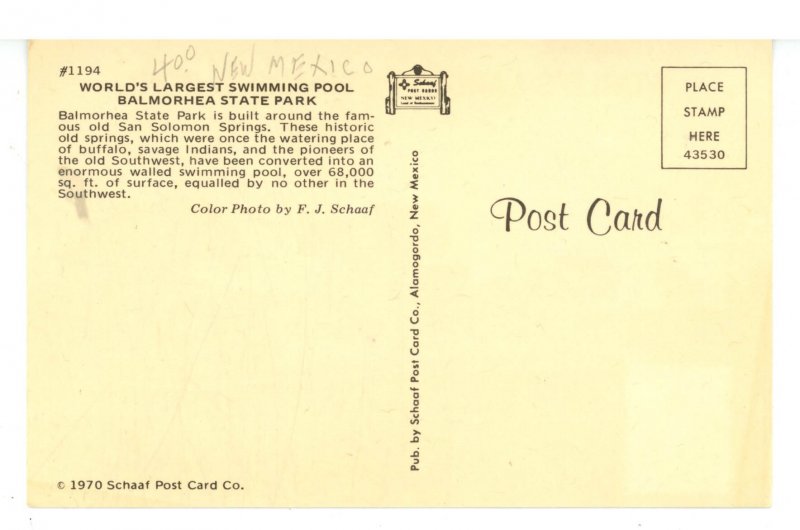 NM - Balmorhea State Park. World's Largest Swimming Pool © 1970