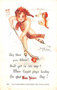 New Years Greeting Cupid Playing Hockey 1916 