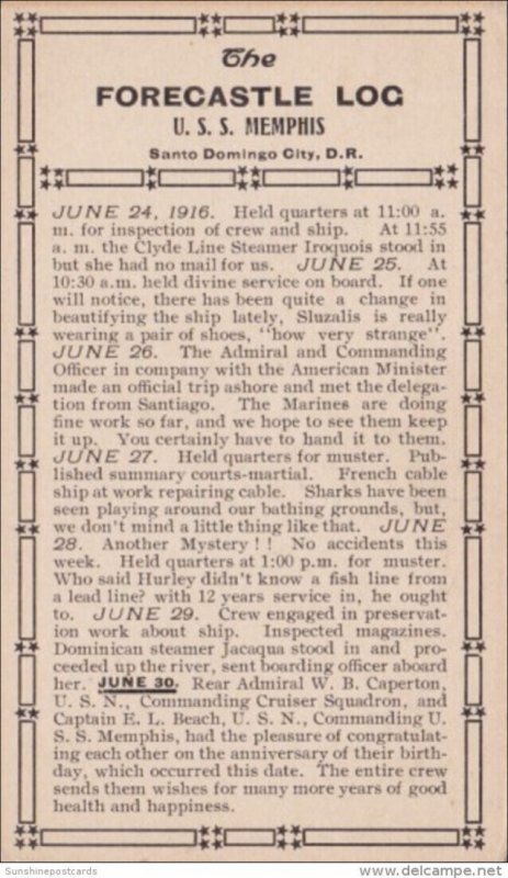 U S S Memphis Forecastle Log 24 June 1916
