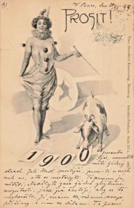 PROSIT! FEMALE JESTER CLOWN-PIG WITH NEW YEARS NUMBER~1899 AUSTRIA POSTCARD