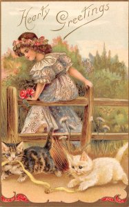 Hearty Greetings Girl On Fence With Playful Kitties, Embossed Vintage PC U8473