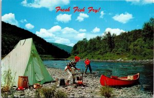 Fresh Fish Fry Camping Lake Fishing Blue Sky Postcard VTG UNP Dexter Vintage 