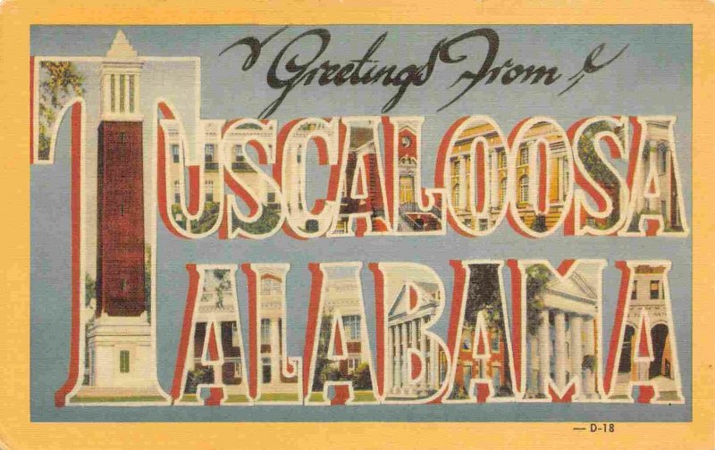 Greetings from Tuscaloosa Alabama Large Letter linen postcard 