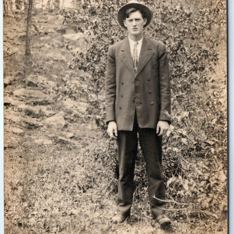 c1910 Bloomfield, Neb. Man in Forest RPPC Real Photo S Elwood Music Dealer A140