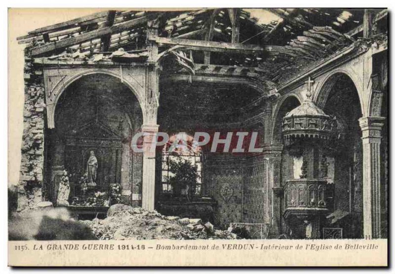 Postcard Old Army Bombing of Verdun Interior of the Church of Belleville