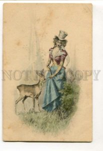 3106941 Young Lady w/ DEER in Forest Vintage VIENNE MUNK PC