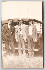 RPPC Three Handsome Men Pose With Automobile c1920 Real Photo Postcard P25