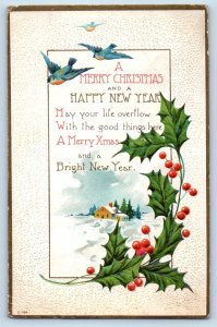 Algona Iowa IA Postcard Christmas Birds Holly Berries Embossed 1918 Antique