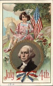 Fourth of July George Washington Patriotic Little Girl American Flag c1910 PC