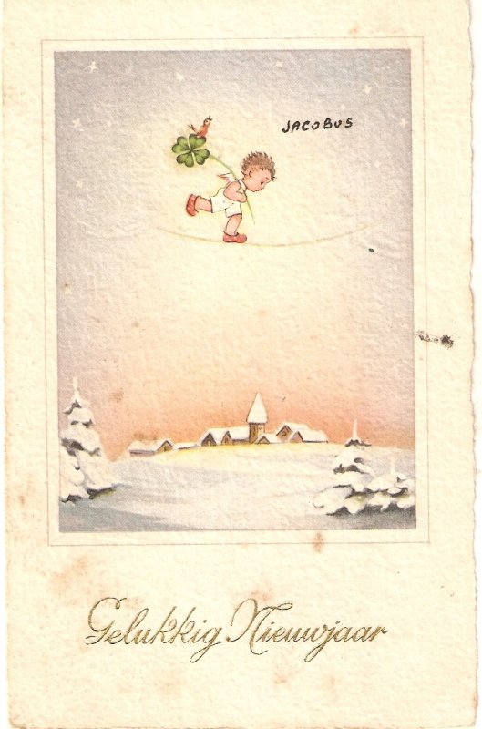 Little boy with a flower in the sky over landscape  Vintage Belgian Belgian PC