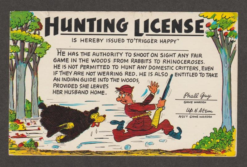 Hunting License Comic Vtg Post Card Bear and Hunter Trigger Happy
