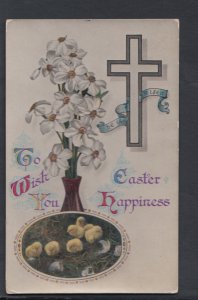 Greetings Postcard - To Wish You Easter Happiness - Flowers & Chicks   HM68