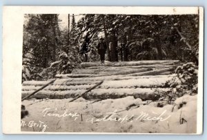 Lathrop Michigan MI Postcard RPPC Photo Timber Logging Winter Scene c1910's