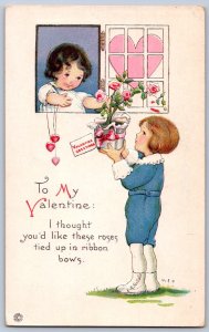K47/ Valentine's Day Love Holiday Postcard c1910 Child Flowers 443