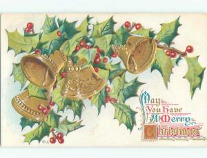 Pre-Linen christmas GOLDEN BELLS RINGING IN THE HOLLY k1803