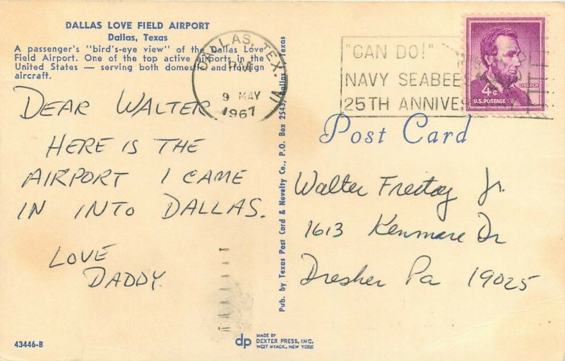 Love Field Airport Dallas Texas TX passenger planes jets pm 1967 Postcard