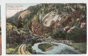 P3048, old postcard RR train piciners at dome rock platte canyon colorado
