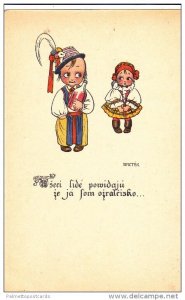 SMETAK: Czechoslovakian Children in Traditional Outfits w/ Bottle of Wine