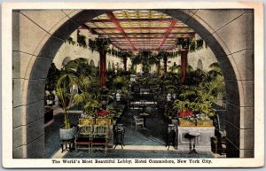 New York City NY, Lobby of Hotel Commodore, Interior, Potted Plants, Postcard