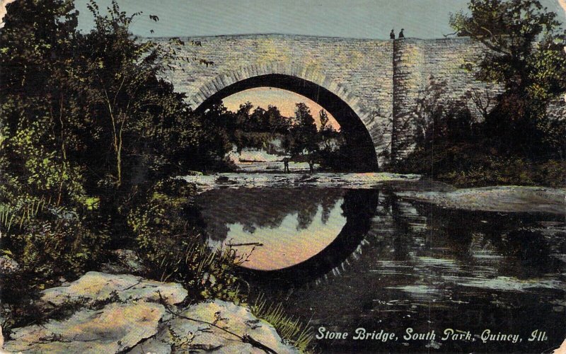 c.'10,Early Color, Stone Bridge, Message, South Park,  Quincy,IL,Old Post Card