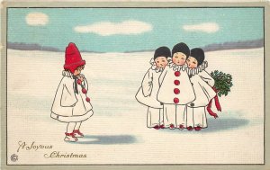 Stecher Christmas Postcard 401 C Pierrot Clowns in Snow with Holly, Unposted