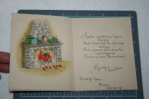 VINTAGE 1940s WWII ERA Christmas Greeting Holiday Card DOG GIFTS & FIREPLACE