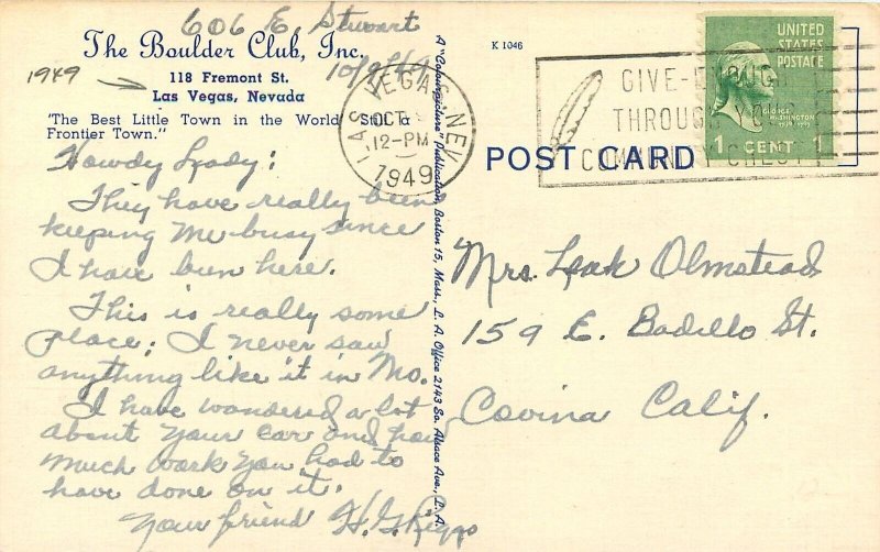 Postcard 1949 Nevada Las Vegas Boulder Club Night linen Colorpicture NV24-680