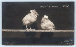 RPPC Rotograph AUNTIE and UNCLE Dressed Baby Chicks in Hats 1906 Postcard