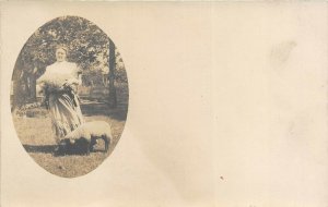 c1908 RPPC Real Photo Postcard Woman With Sheep Lambs