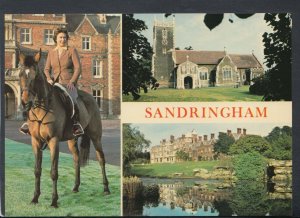 Norfolk Postcard - Sandringham - The Queen on Cossack, House & Lake T7769