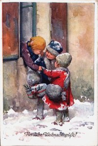 Artist Signed Feiertag, Merry Christmas Children Outside Hat Scarf Postcard C240