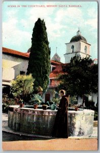 Mission Santa Barbara California c1910 Postcard Scene In The Courtyard Monk