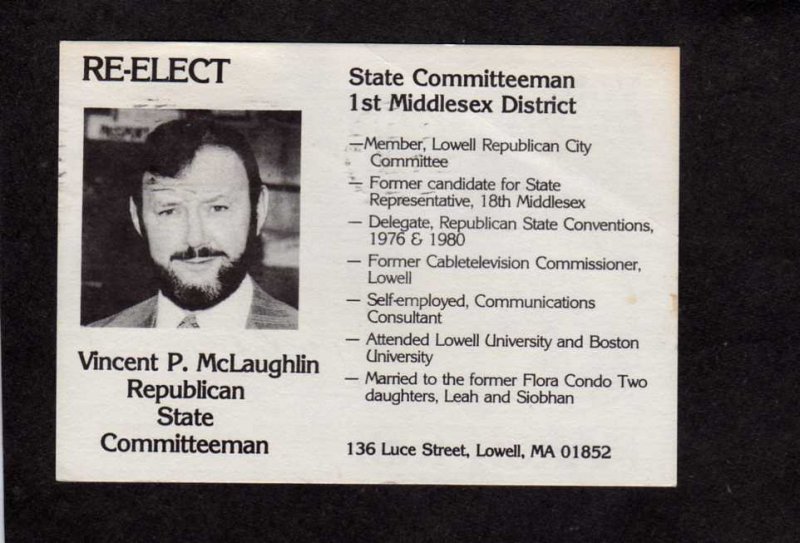 MA Republican Vincent McLaughlin Elephant Lowell Massachusetts Political Ad Card