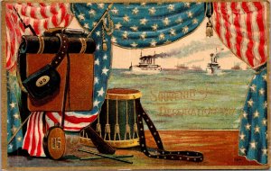 Vintage Postcard Decoration Day Soldiers Drum & Backpack, Flags Draped at Window