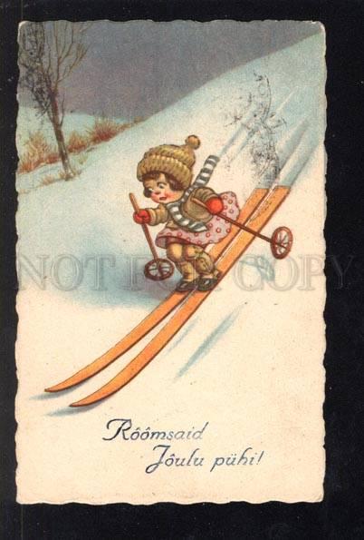 032938 SKIING Little girl skiers Vintage color PC