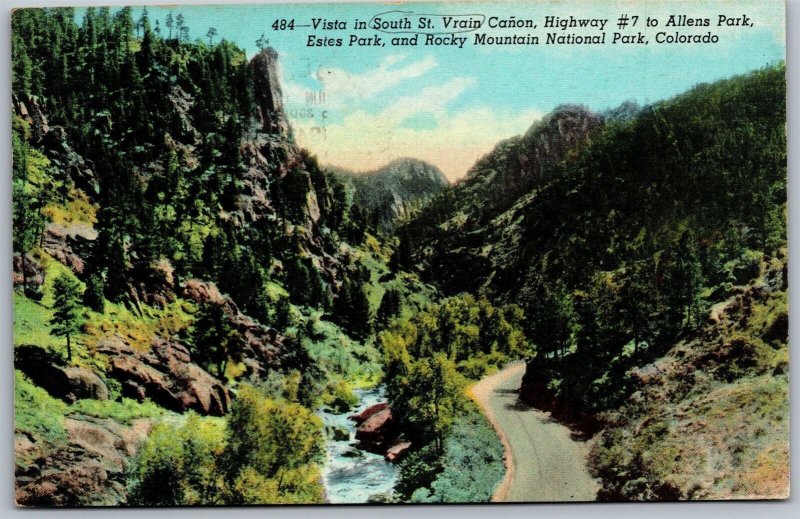 Vtg Colorado CO Vista South St Vrain Canon Highway 7 Allens Park 1940s Postcard