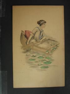 PRETTY GIRL DAYDREAMS in CANOE c1910 PC - NICE ART!