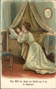 Mother Praying at Sick Child's Bedside Christianity c1910 Vintage Postcard