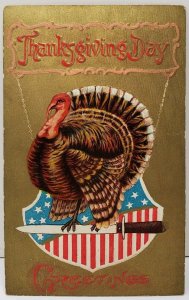 Thanksgiving Day Patriotic Embossed Turkey on Knife Golden Bronze Postcard E2