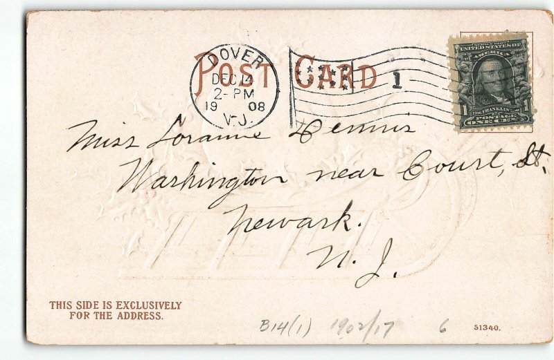 Clapsaddle CHRISTMAS Postcard, 1908 - Sled w/ Large Pudding (?) Ball, Holly