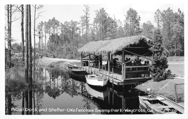 Waycross Georgia~Okefenokee Swamp Park~Boat Dock~Grass Roof Shelter~1950s RPPC 