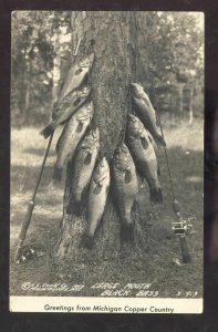 MICHIGAN COPPER COUNTRY BASS FISHING ROD & REEL LL COOK REAL PHOTO POSTCARD