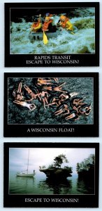 3 Postcards ESCAPE to WISCONSIN Advertising WHITEWATER RAFTING Floating 3¾x5½