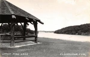 Eldora IA~Rustic Shingle Pavilion~Upper Pine Lake~Real Photo Postcard~RPPC 1940s