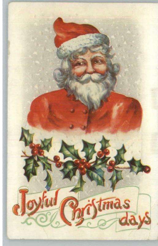 Jolly Christmas Days - Santa Claus & Holly c1910 Embossed Postcard