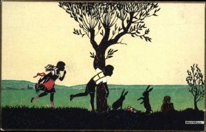 Manni Grosze Easter Silhouette Children Playing with Rabbits c1910 Postcard