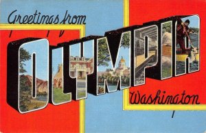 OLYMPIA Washington Large Letter Linen Greetings Yakima c1940s Vintage Postcard