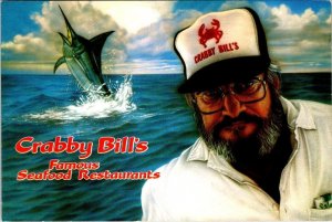 Advertising CRABBY BILL'S SEAFOOD RESTAURANTS~FL & NC Logo Hat~Fish 4X6 Postcard